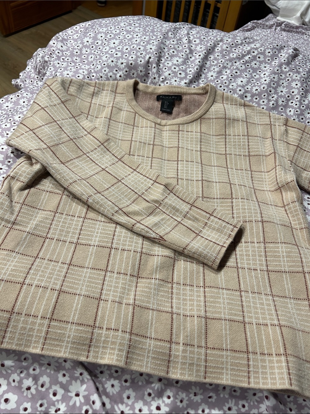 Tahari Beige Plaid Crewneck Sweater with Subtle Brown Lines